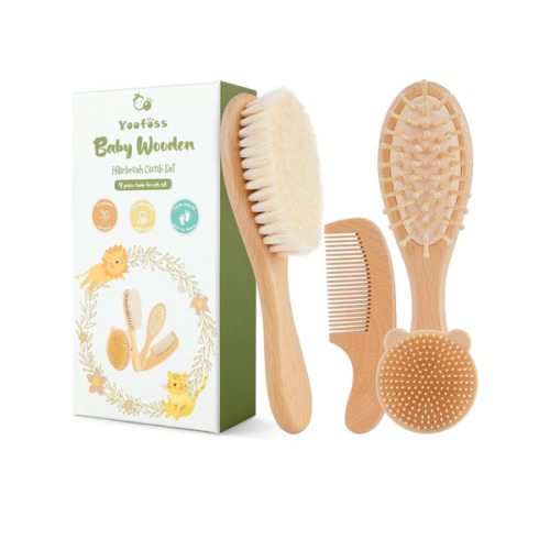 Yoofoss 4 Piece Baby Brush and Comb Set, Wooden Baby Brush with Natural Ultra Soft Goat Hair, Baby Hair Brush for Newborn, Baby Brush Set for Boy Girl
