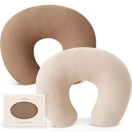 Konssy 2-Pack Muslin Nursing Pillow Covers, Cream Soft Slipcover for Baby | Covers Only, 100% Cotton, Hidden Zipper, Washable, Breastfeeding Pillows Covers for Newborn Boys & Girls, (Brown,cream)