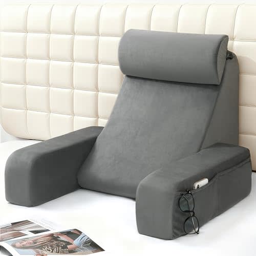 ENITYA 19" Back Support Pillow,Reading Pillow with Built-in Arms & Large Pockets, Removable Washable Cover, Wedge for Sitting,Reclining,Watching TV,Post Surgery in Bed,Couch or Floor,Medium Firm,Grey