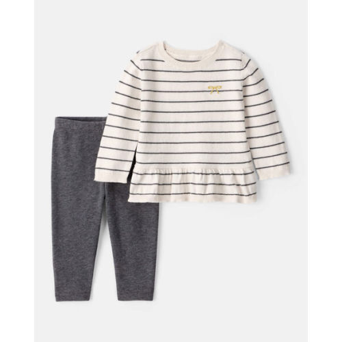 Baby Girl Bow Striped Long-Sleeve Tee & Pant Set - White/Grey - Carter's | Carter's