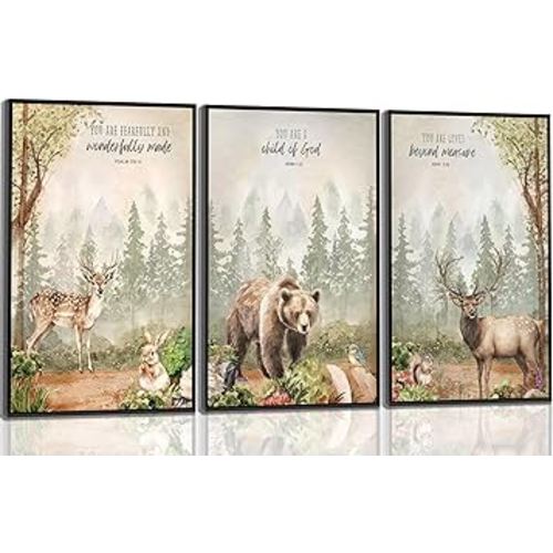 3Pcs Woodland Animal Nursery Wall Art Wild Animals Forest Posters Prints Deer Bear rabbit Christian Canvas Wall Decor for Boys Room Girls Room painting pictures Unframed