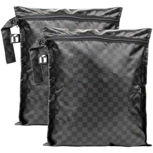 Bumkins Roamio - Waterproof Wet Bag - For Baby, Travel, Swim Suit, Cloth Diapers, Pump Parts, Pool, Gym, Toiletry, Strap to Stroller - Reusable & Easy to Clean - 2pk - Black Check