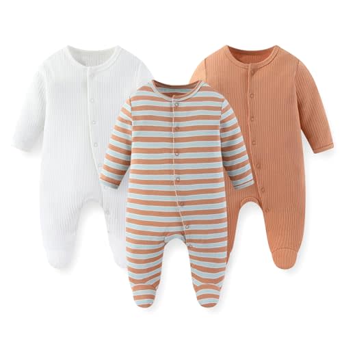JELYLOVE Unisex Baby Boy Girl Footies Rompers Cotton Long Sleeve 3 Pack Infant Jumpsuits 0-12Months Babies' Outfits