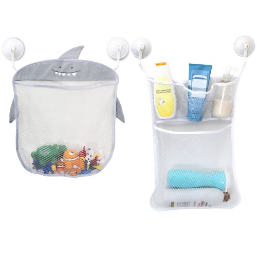 2 Sets of 2 Bath Toy Organizers - Cute Baby Shark - Super Durable Very Sturdy Mesh Net - Comes With Strong Suction Cups With Hooks - 4 Total