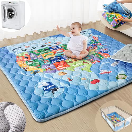 Beavtaens Baby Play Mats for Floor, 71”x59” Upgraded Thickness & Larger Super Soft Playmat for Babies and Toddlers, Foldable Washable, Upgrade Anti-Slip Crawling Mat for Playpen(Map)