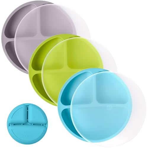 WeeSprout Silicone Plates with Lids for Babies & Toddlers (3 Pack) 100% Food-Grade Dishes for Self Feeding, Divided Design & Raised Edges for Picky Eaters, Dishwasher & Microwave Safe Weaning Supplies