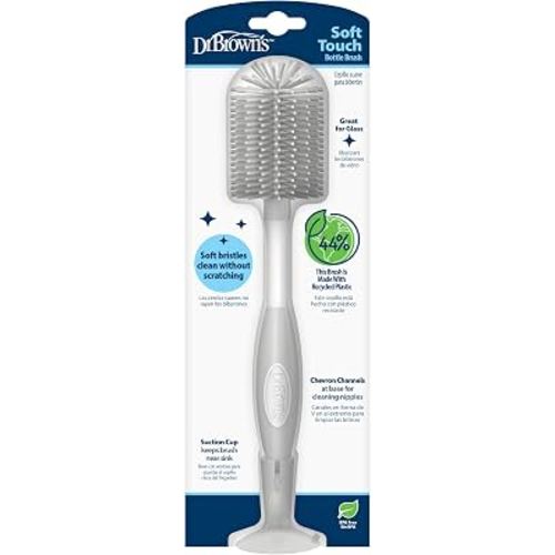 Dr. Brown's Soft Touch No Scratch Baby Bottle Cleaning Brush, Nipple Cleaner & Suction Cup Base for Easy Storage, BPA Free, Gray (Pack of 1)