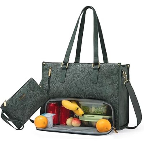 LOVEVOOK Lunch Tote Bag for Women, 15.6 Inch Laptop Bag with Insulated Lunch Compartment, Quilted Large Capacity Computer Handbag with Purse for Business, Work, Nurse, Office, Collage, Casual