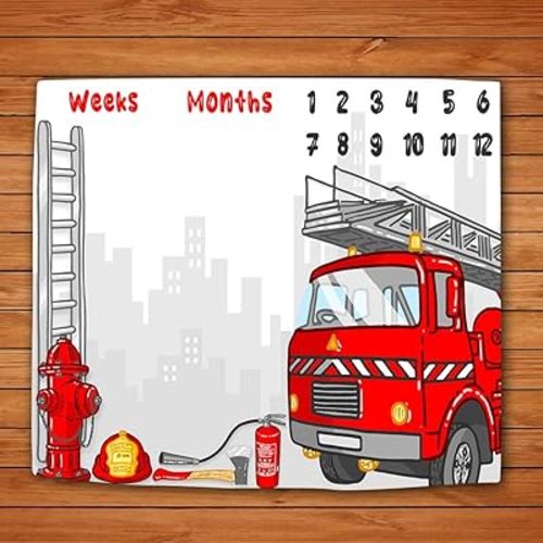 Baby Monthly Milestone Blanket, Red Fire Truck Firefighter Newborn Baby Photo Baby Memory Blanket Growth Chart, 48x40 Inch Polyester Fleece Swaddle Blanket