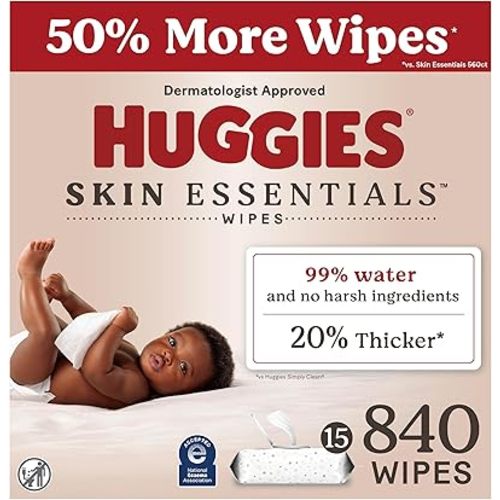 Huggies Skin Essentials Baby Wipes, Hypoallergenic, 99% Water, 15 Flip Top Packs (840 Wipes Total)