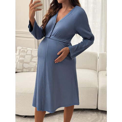 Maternity Nursing Dress, Long Sleeve Dress with Side Split and Tie Waist, Fitted Breastfeeding Clothes for Daily Wear
