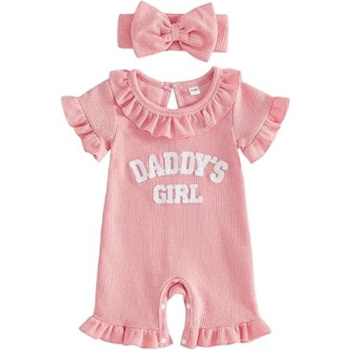 Tsultryofs Baby Girl Romper Newborn Infant Summer Jumpsuit Letter Embroidery Ruffle Crew Neck Romper with Headband