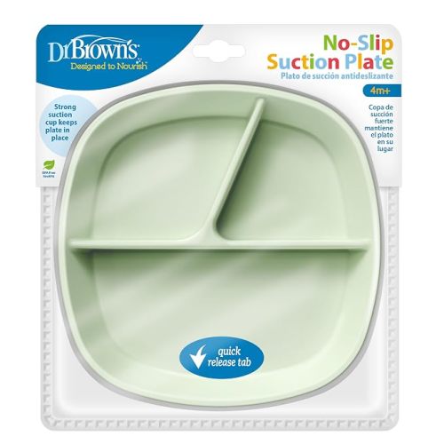 Dr. Brown's No-Slip Suction Plate for Baby and Toddler, 4m+, 1-Pack, Mint | Dr. Brown's Designed to Nourish, No-Slip Suction Plate for Babies and Toddlers, 3 Divided Sections, BPA-Free, 4m+, 1-Pack
