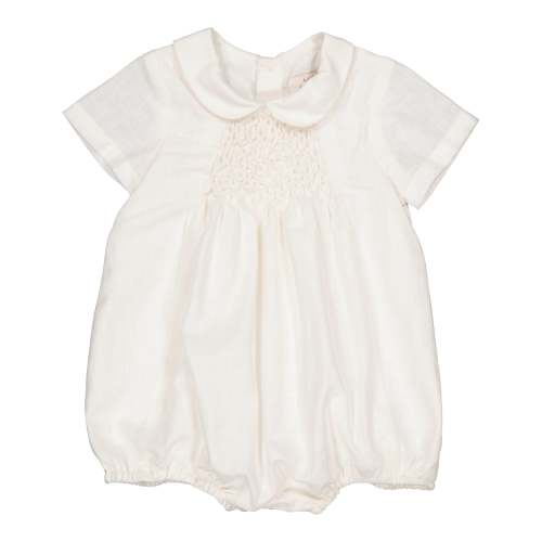Caleb Unisex Off White Linen Smocked Baby Romper