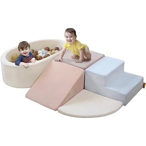 BanaSuper Kids Climbing Foam Blocks Playset with Ball Pool - Soft Indoor Activity Toys for Toddlers Blue-Pink Shades