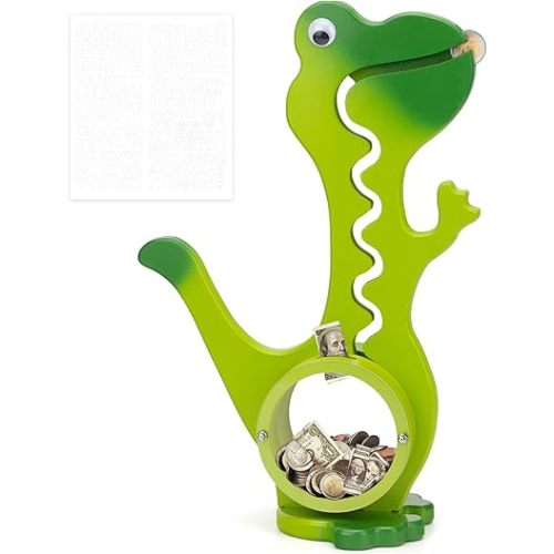 Wooden Dinosaur Piggy Bank for Boys Kids Girls Big Clear Animal Belly Coin Bank Toddler Real Money Toy（Dino-Green）