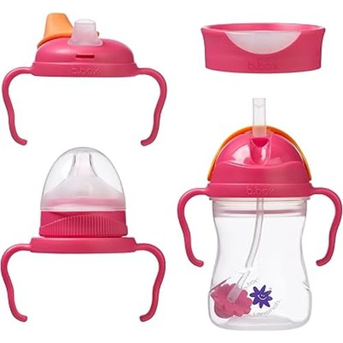 b.box + Lansinoh Time to Sip Starter Cup Set (3m+ to Toddler) | 1 Cup with 4 Lids – Nipple, Spout, Weighted Straw, Training | BPA-Free, Dishwasher Safe, Easy-Grip | 8 oz | Strawberry Shake