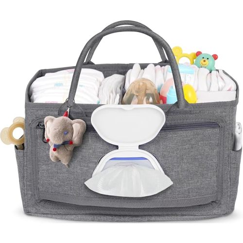 Volnamal Diaper Caddy with Wipe Dispenser One-Handed Access, Premium Diaper Organizer, Portable Car Organizer Nursery Basket for Newborn Essentials, Baby Registry Must Haves for Boys & Girls,Grey