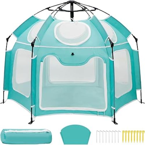 Baby Playpen with UV Canopy, Portable 1-Click Set Up Baby Tent, Toddler Play Yard for Indoor, Outdoor, Foldable Playpen for Beach, Camping, Home, Lightweight Versatile Kids Tent, with Travel Bag