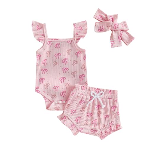 Partclots Infant Baby Newborn Girl Summer Outfit Sleeveless Ruffle Flower/bow/Butterfly Print Top Hairband 3Pcs Shorts Set