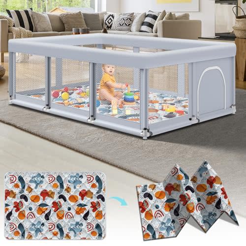 Fshibila 74" ×50" Large Baby Playpen, Baby Playard for Babies and Toddlers, Play Pens for Indoor & Outdoor, Sturdy Safety Play Yard with Soft Breathable Mesh, Anti-Fall, Grey (with MAT)