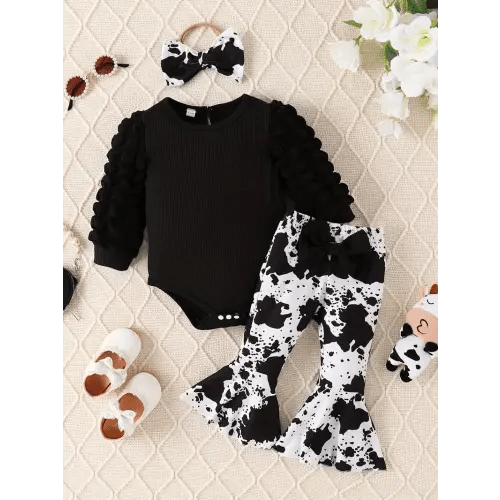 baby's trendy cow pattern spring/fall outfit ribbed long - Temu Canada