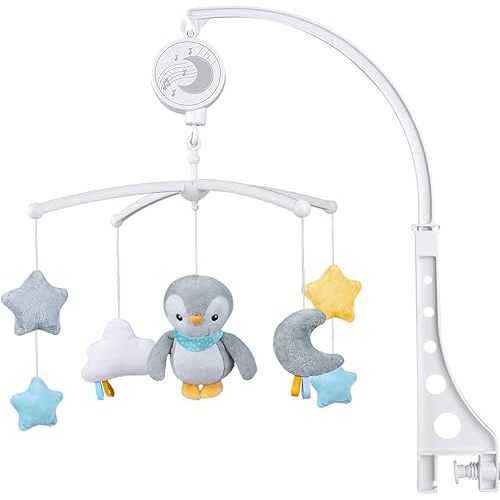 Baby Musical Mobile with Lullabies Music Box, Rotating Penguin Mobile Soother Crib Toy, Gift for Baby Nursery Bed Decoration for Newborn Boys and Girls