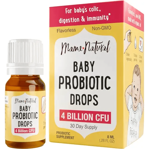 Mama Natural Baby Probiotic Drops (0.28 Fl Oz) | 4 Billion CFU Pediatrician-Tested Infant Probiotic Helps with Colic Relief for Newborns & Constipation Ease for Infants - Unflavored Baby Gas Drops