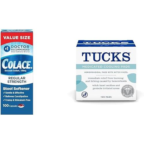 Colace Regular Strength 100mg Stool Softener Capsules 100 Count & Tucks Medicated Cooling Pads Hemorrhoid Treatment 100 Count