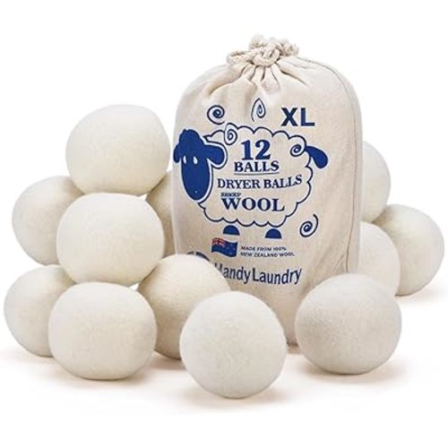 Handy Laundry Wool Dryer Balls - Natural Fabric Softener, Reusable, Reduces Clothing Wrinkles and Saves Drying Time, Better Alternative to Plastic Balls and Liquid Softener (Pack of 12)
