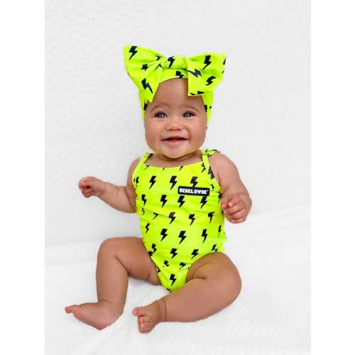 UPF50+ Girls Bow-Back One Piece Swimsuit in Neon Electric Lime x Jagger