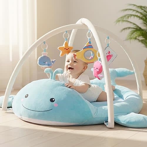 Baby Play Mat, Whale Tummy Time Mat with Toys, Baby Activity Gym for Infants 0–12 Months Sensory Floor Mat for Boys & Girls