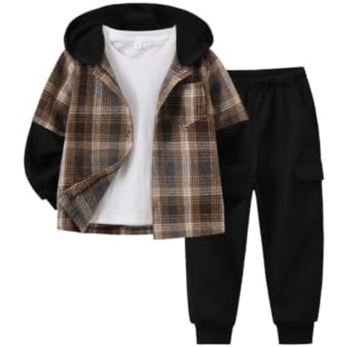 2Pcs Kids Boys Flannel Plaid Shirt Tops Pants Set Hoodie Sweatsuit for Fall Winter Spring Outfits 4-12 Years
