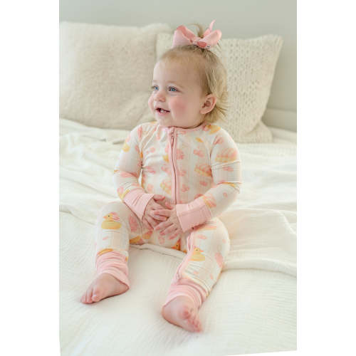Convertible Zip Romper in Bubble Duckies Pink | Caden Lane