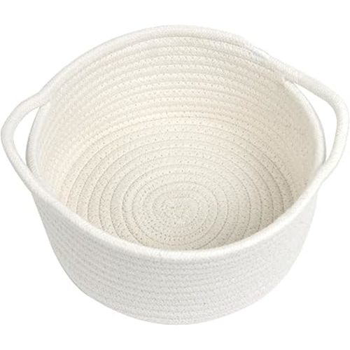 Small Woven Basket with Handle, Small Cute White Storage Baskets for Organizing, Tiny Decorative Round Cotton Rope Woven Closet Storage Bin, Baby Boho Empty Gift Basket for Nursery