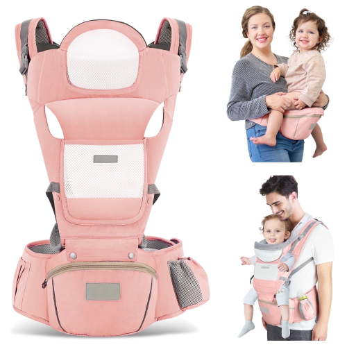 MOONORAH Baby Carrier with Hip Seat, Ergonomic M Position 6 in 1 Baby Wraps Carrier Adjustable Holder Newborn to Toddler with Head Support and Breathable Mesh Pink
