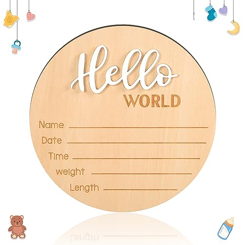 Wooden Hello World Newborn Sign - 5.9 Inch Birth Announcement Plaque for Photo Props, Baby Shower, Hospital Nursery