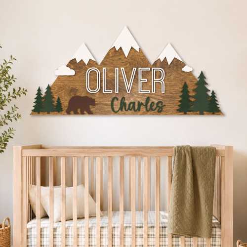 Personalized Woodland Name Sign, 3D Mountain Nursery Decor, Custom Bear Trees