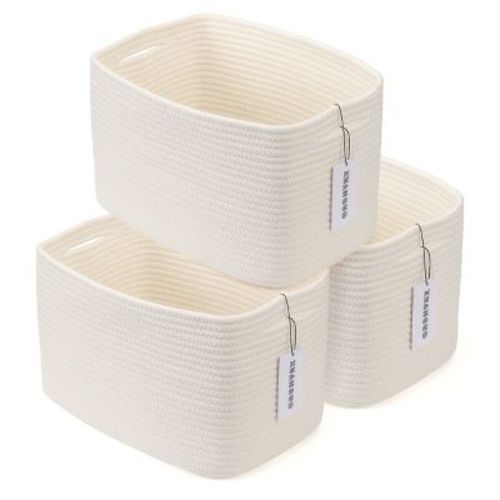 Aoibox Cotton Rope Storage Basket Bins Set Woven Rectangle Organizer Decorative White Nursery Cube Handles 3 Pack 14.5x9.5x9.3