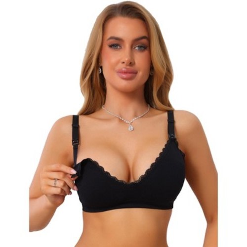 INSPIRE CHIC Women Nursing Bra Deep V Lace Trim Seamless Wireless Maternity Breastfeeding Pregnancy Bralette Large Black