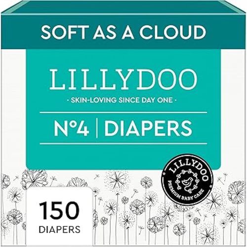 LILLYDOO Baby Diapers - Size 4 (20+ lbs), Monthly Supply (150 Count), Leak Protection, Skin-Friendly, Ultrasoft, Perfume- & Chlorine-Free, Hypoallergenic, Dermatologist Tested, Oeko-TEX®
