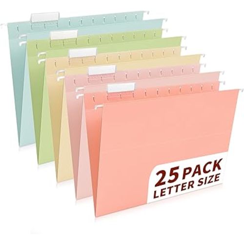 25-Pack Pastel Hanging File Folders, Letter Size (8.5"x11") with 1/5-Cut Tabs,25 Transparent Label Cards, 25 Sticker Labels–Home Office & Filing Cabinets