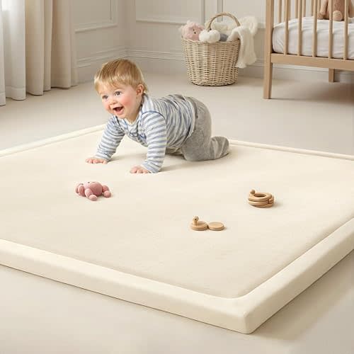 Goyuu Ultra Soft 1.3" Thick Baby Play Mat for Floor, 71x79 Playpen Mat Elasti-Foam Padded Crawling Mat for Babies, Toddlers, Infant, Kids, Non-Slip Backing Safe for Tummy Time, Beige