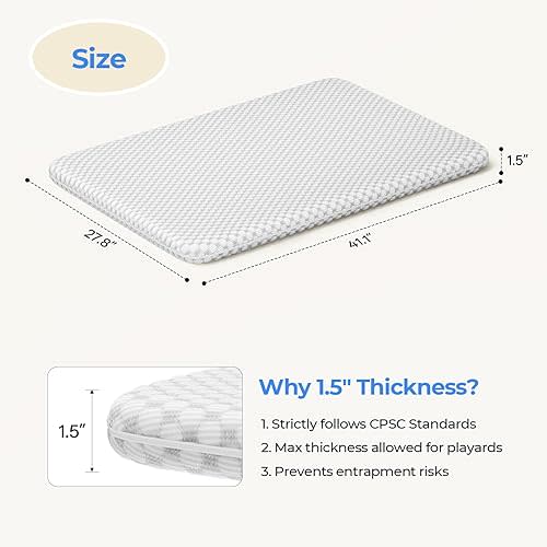 GAIVE 1.5in Mattress Fit Pack and Play & Baby Bassinet, Gel Memory Foam with Waterproof & Breathable Ice Silk Cover, 41.1"x27.8" （Grey）