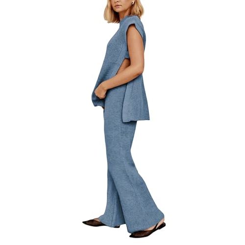 Lviefent Womens 2 Piece Outfits Sweater Set Sleeveless Side Slit Pullover Top Knit Wide Leg Pants Lounge Matching Sets