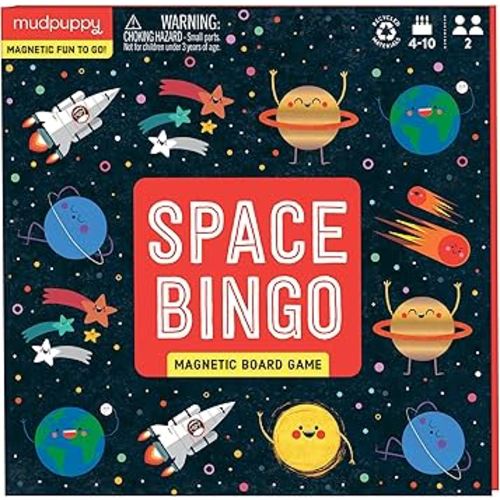 Mudpuppy Space Bingo – Outer Space Version of Travel-Friendly Magnetic Board Game with Adorable Illustrations of Planets for Children Ages 4 to 10, 2-6 Players