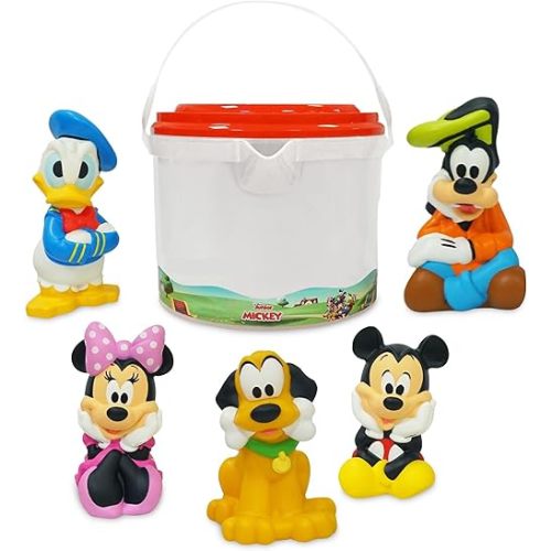 Disney Store Official Mickey and Friends Bath Toys Set - Includes 5 Detailed Toys with a Straining Storage Bucket - Bath Time Fun and Water Play Set for Kids