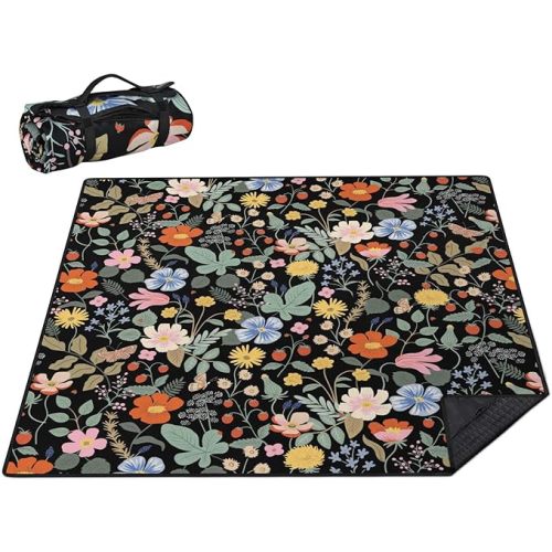 Picnic Blankets Waterproof Foldable Extra Large,80"x 80" Outdoor Beach Blanket Sandproof,3-Layer Lightweight Handy Mat Tote Picnic Camping Rugs for Outside Your Rv (Strawberry Floral)