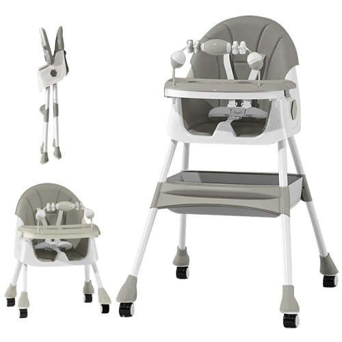 PUEDO 4-in-1 Baby High Chair Portable Toddler Dining Chairs Eat & Play Convertible Highchair with Adjustable Tray, Gray