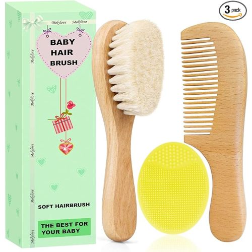 Baby Hair Brush with Wooden Handle and Comb Set for Newborns & Toddlers | Natural Soft Goat Bristles l Wood comb l Yellow Silicone Brush| Ideal for Cradle Cap (3PCS)